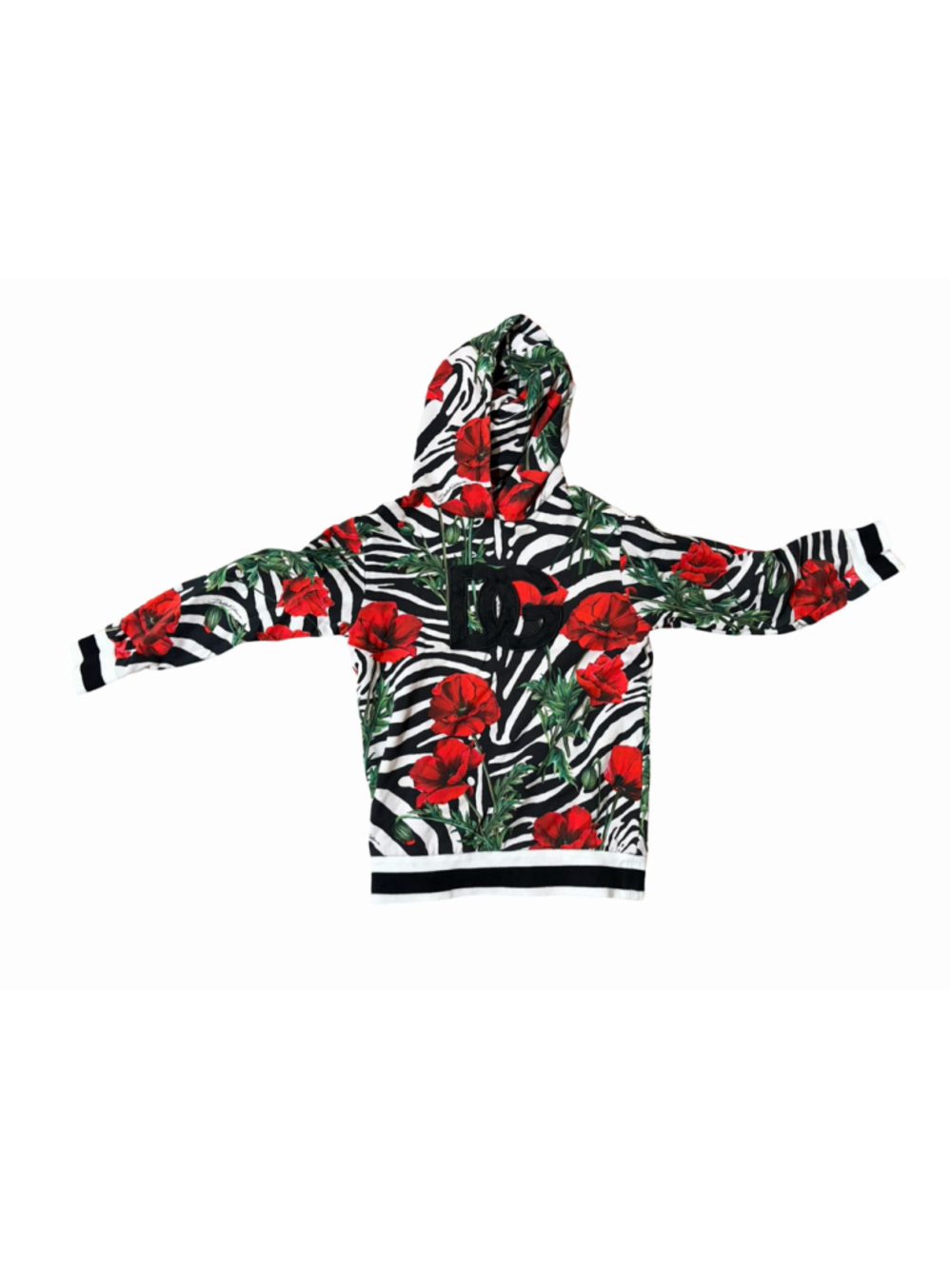 Dolce & Gabbana Kids 7/8 Zebra Poppy Floral DG Logo Hoodie Cotton Made Italy